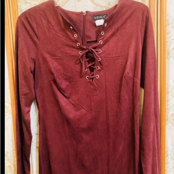 Venus Burgundy Red Suede Velvet Lace Up Dress - Picture 3 of 4